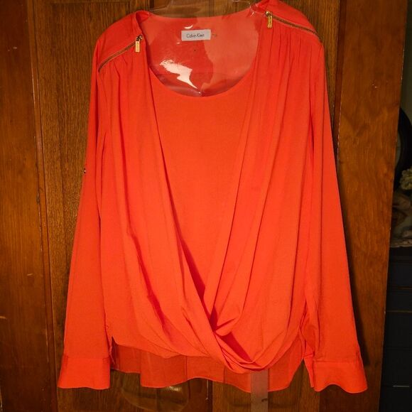 Calvin Klein Orange Wrap Medium Blouse LS | Stylish Long Sleeve V-Neck Work Top - Picture 1 of 6